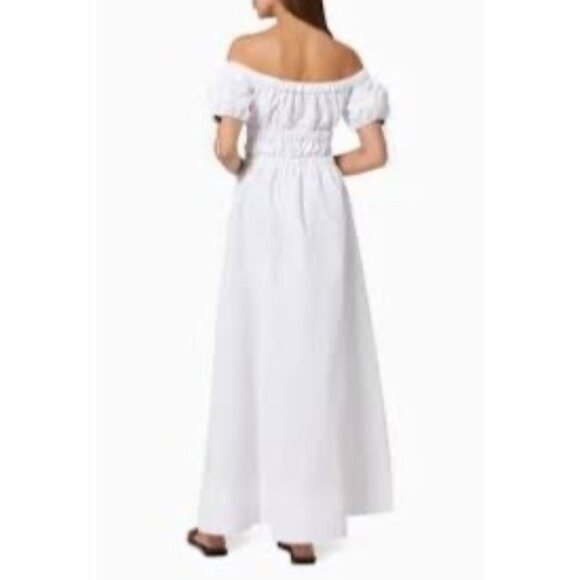New Staud Vine Off-Shoulder White Maxi Dress With Puff Sleeves & Tortoise Shell - Picture 3 of 8